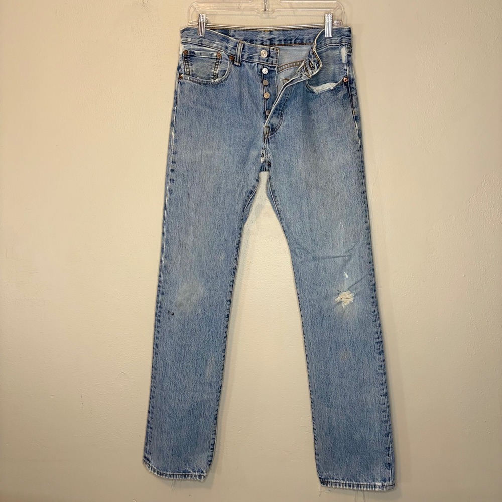 Levis 501 Original Fit Button Fly Light Wash Distressed Blue Jeans 31x34